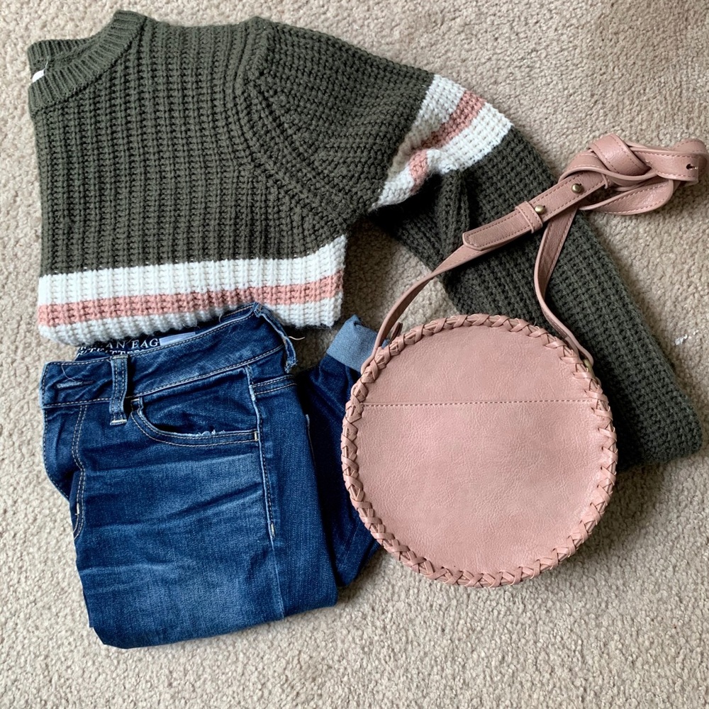 Forest Green Sweater w/ Rose Pink Stripe